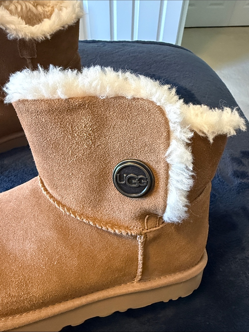UGG Short Suede Boot with Shearling Cuff in Chestnut - Picture 2 of 6